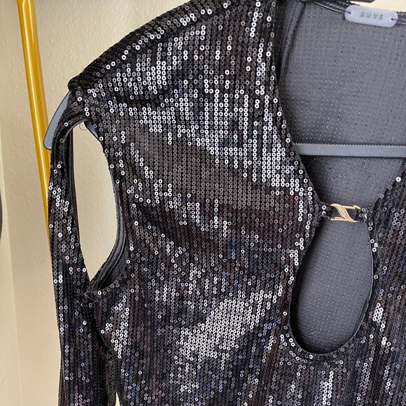 Ruve M Black Sequin Cutout Bodysuit Stunning Night Out Piece - Picture 2 of 10